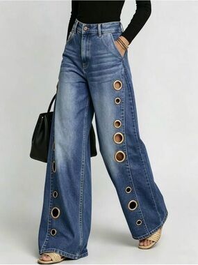 Women's Wide Leg Blue Denim Jeans with Brass Eyelet Detail